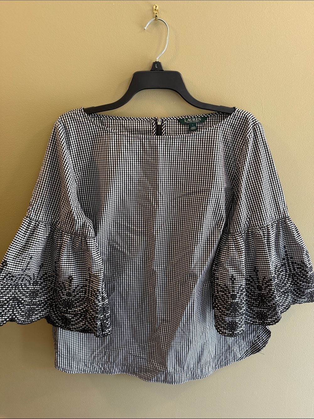 Lauren Ralph Lauren Black & White Gingham Bell-Sleeve Blouse